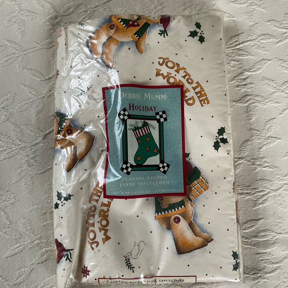 DEBBIE MUMM Joy To The World Christmas Flannel Backed Vinyl Tablecloth 52x90 NEW